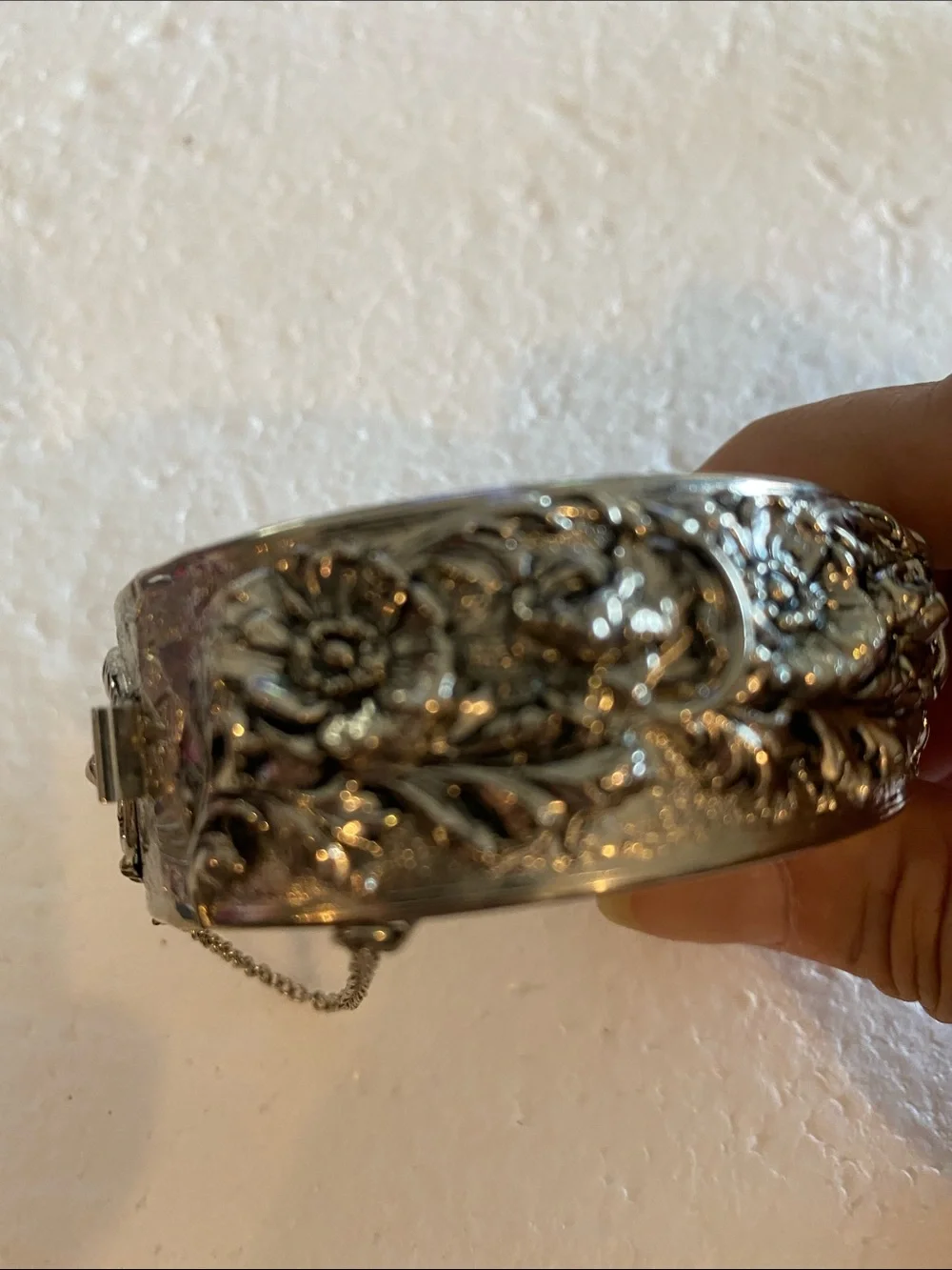 Silver Floral Engraved Hinged Bangle Bracelet
